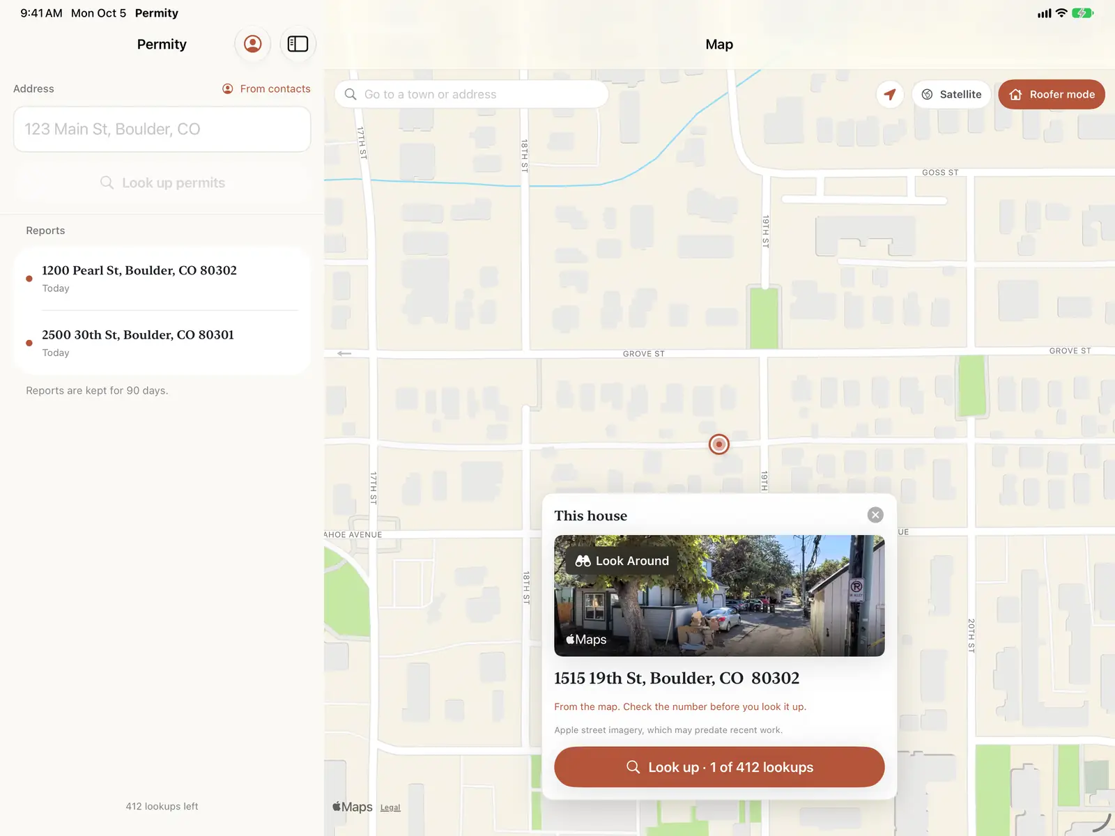 Permity on an iPad in roofer mode: a street map with a house card open, showing a street view, the address, the note to check the number, and a Look up button with its price.