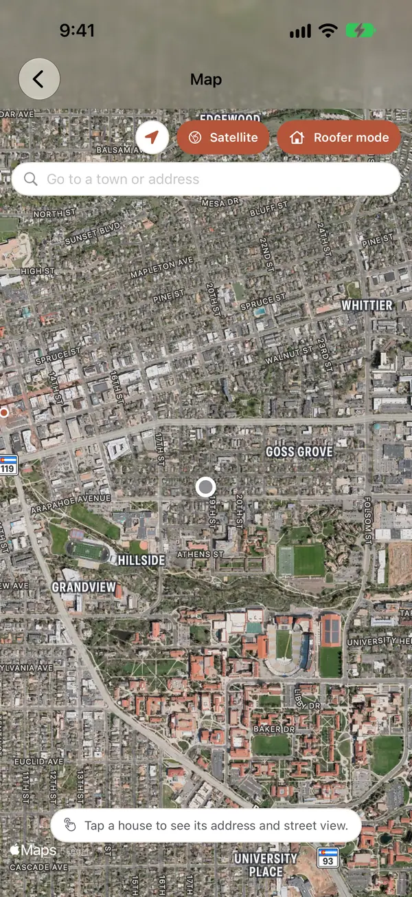 The same neighbourhood in satellite view, with roofs visible from above.