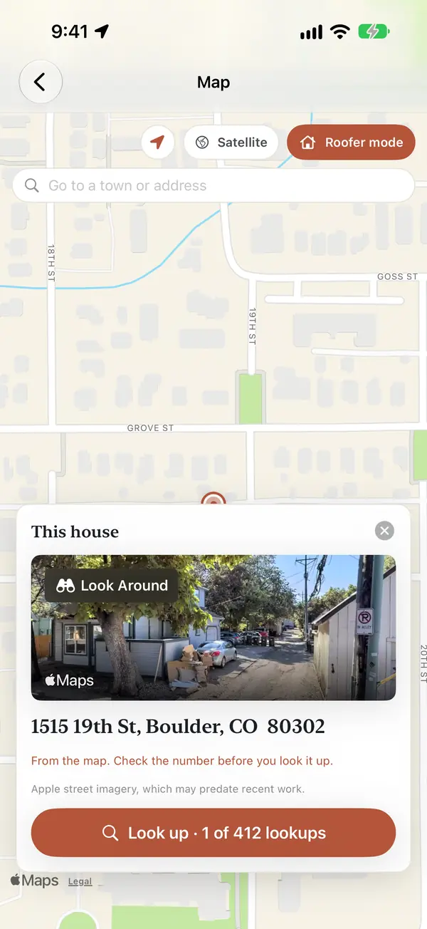 The This house card: a street view, the address, the note From the map. Check the number before you look it up, and a button reading Look up, 1 of 412 lookups.