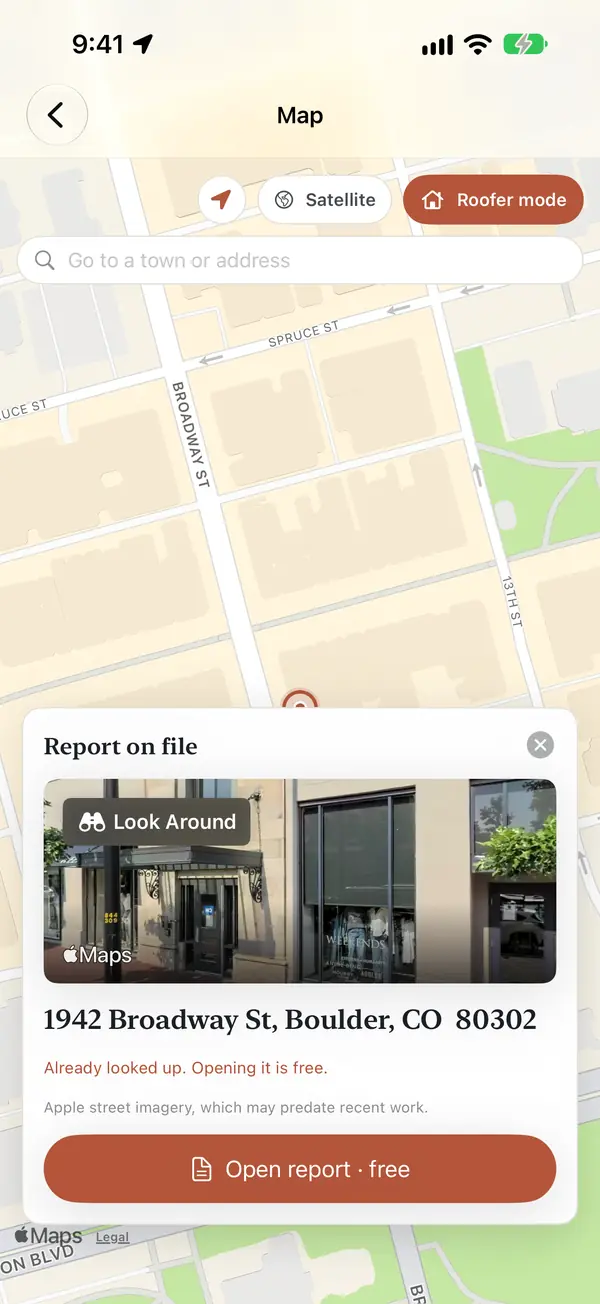 The card titled Report on file, with the note Already looked up. Opening it is free, and a button reading Open report, free.