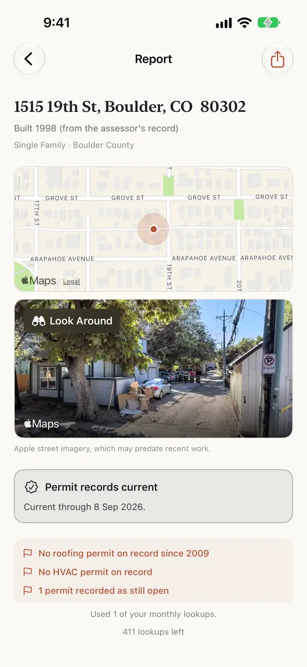 A report: the address, the year built, a map and street view, Permit records current, and flags such as No roofing permit on record since 2009.